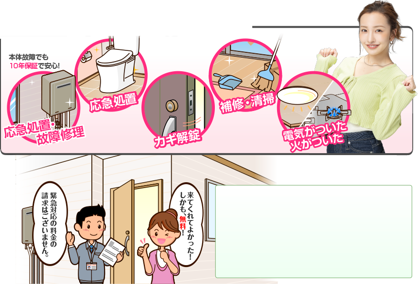 給湯器の応急処置・故障修理は本体故障でも10年保証で安心、トイレの応急処置、カギ施錠、ガラス破損の補修・清掃、電気・ガスの応急処置